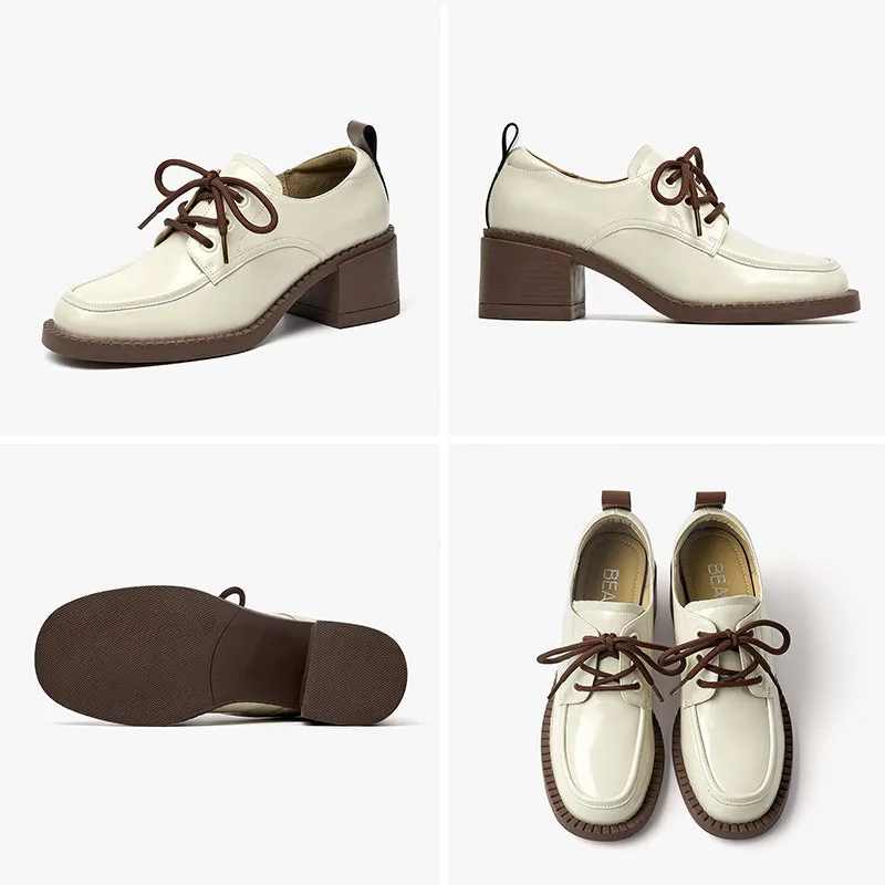 BeauToday Womens Cow Leather Lace-Up Oxfords Pumps Shoes with Round Toe Design
