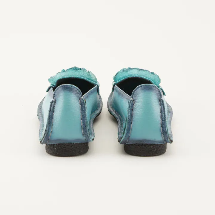 Blue Soft Leather Loafers w/ Flower