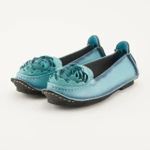 Blue Soft Leather Loafers w/ Flower