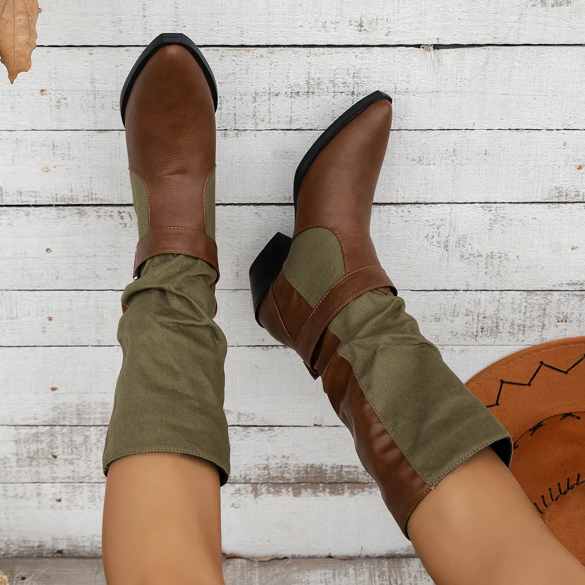 elveswallet Canvas paneled pointed toe block heel mid-calf boots