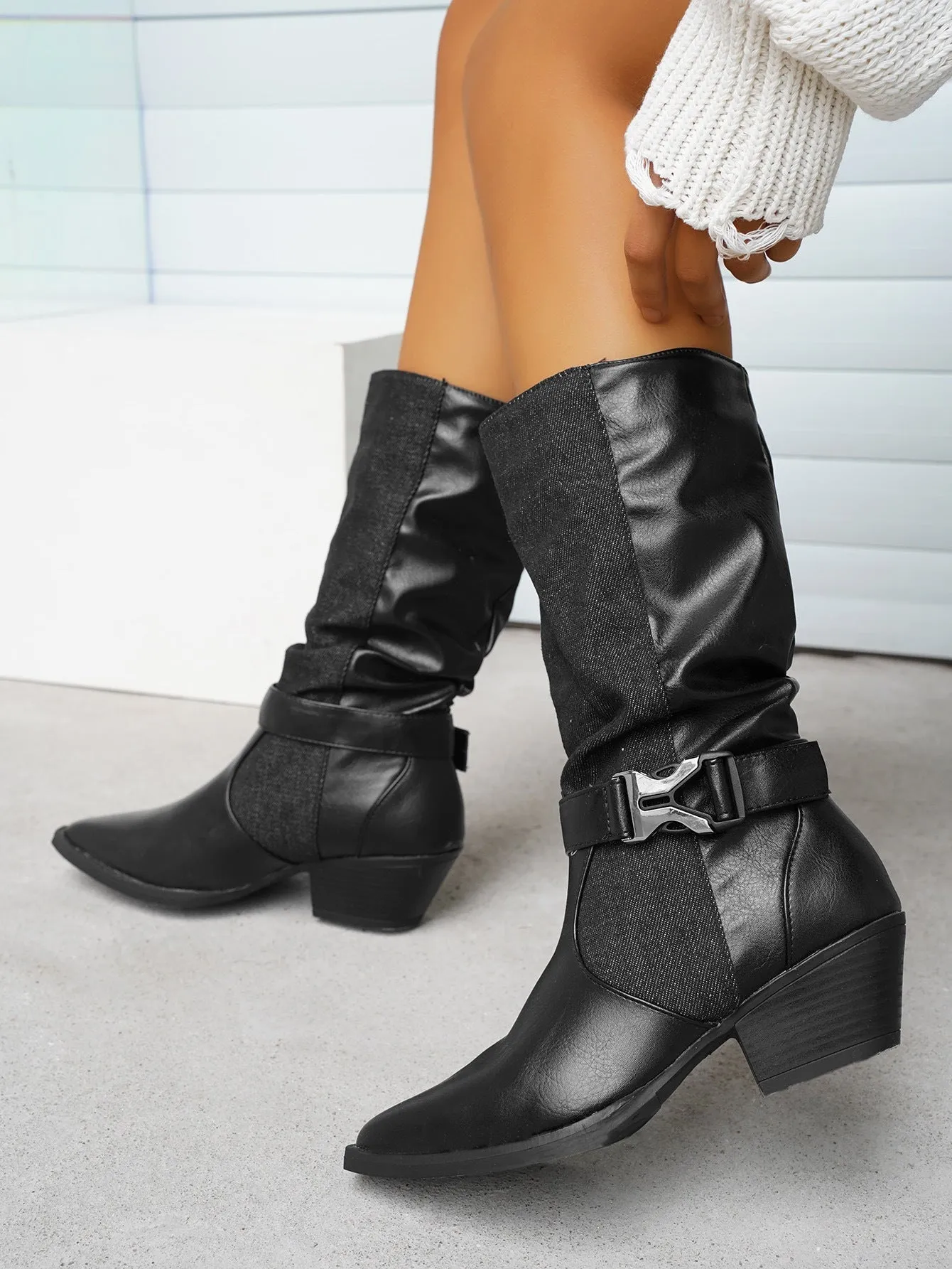 elveswallet Canvas paneled pointed toe block heel mid-calf boots