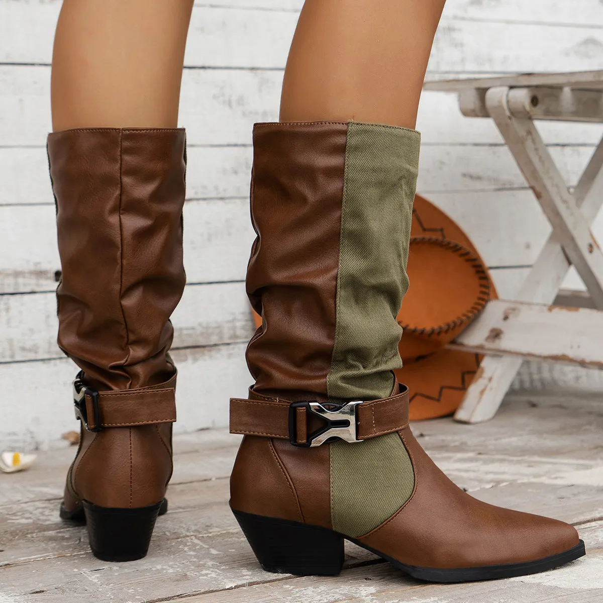 elveswallet Canvas paneled pointed toe block heel mid-calf boots