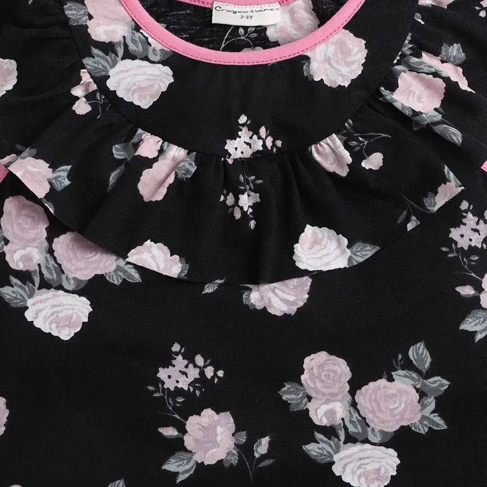 Floral with Front Frill Top - Black