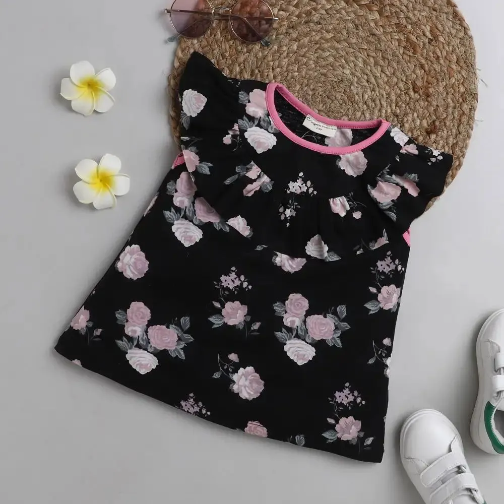 Floral with Front Frill Top - Black