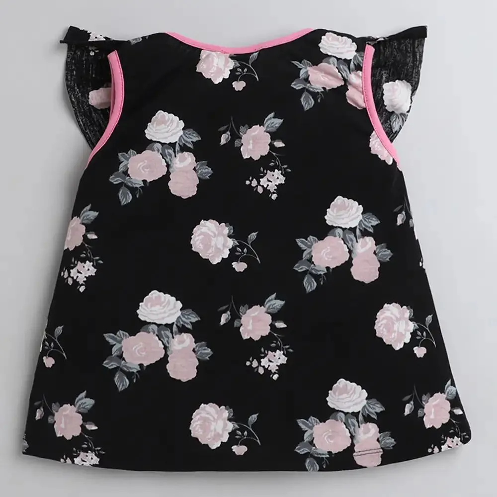 Floral with Front Frill Top - Black