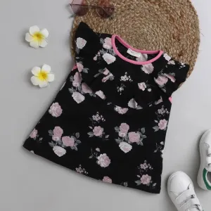 Floral with Front Frill Top - Black
