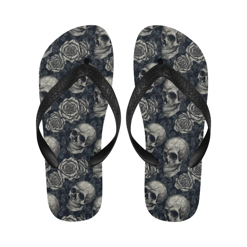 Inky Skulls And Roses Flip Flops