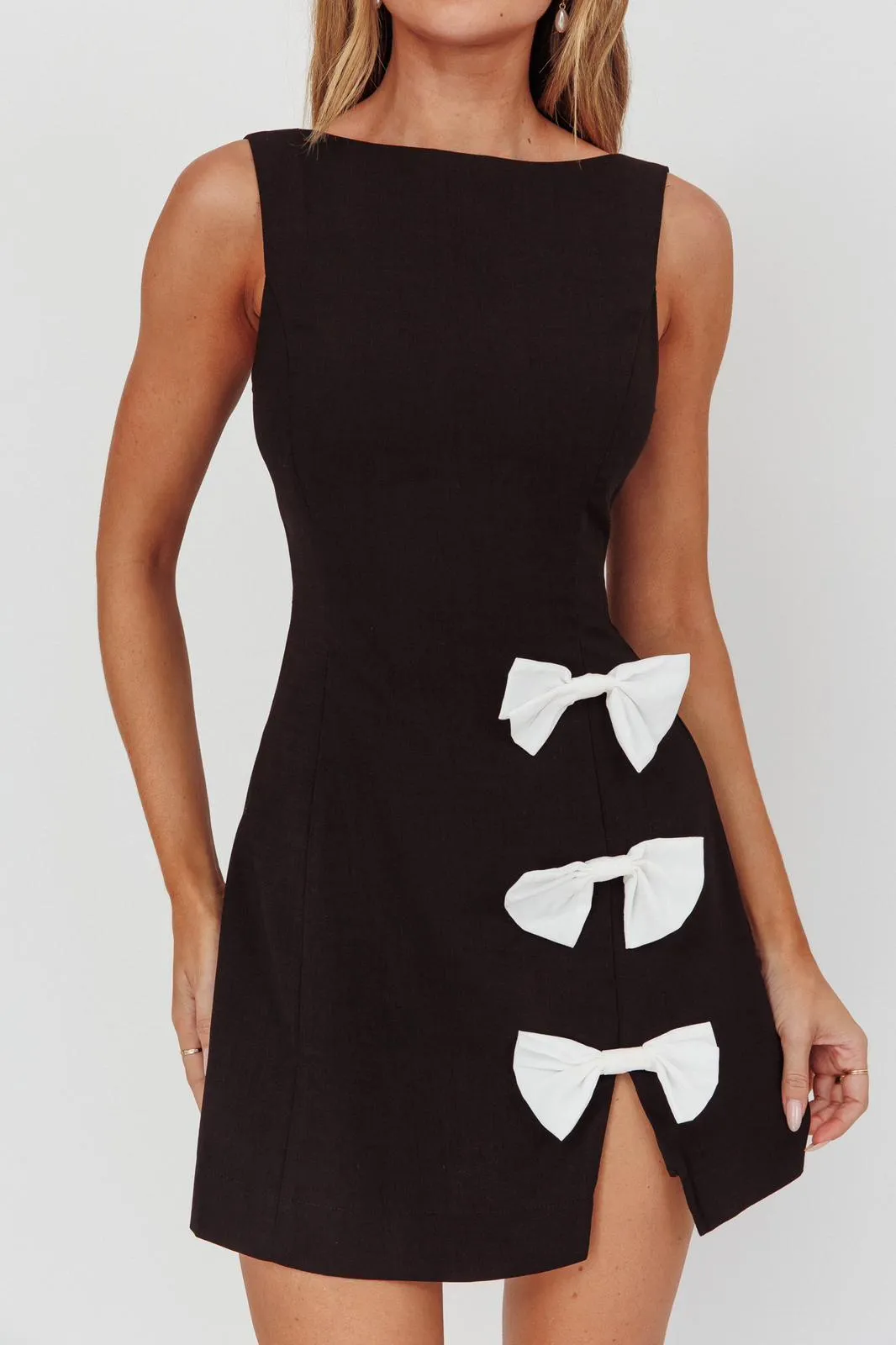 Isla Noir Mini Dress- Midnight Charm Bow Slit Dress