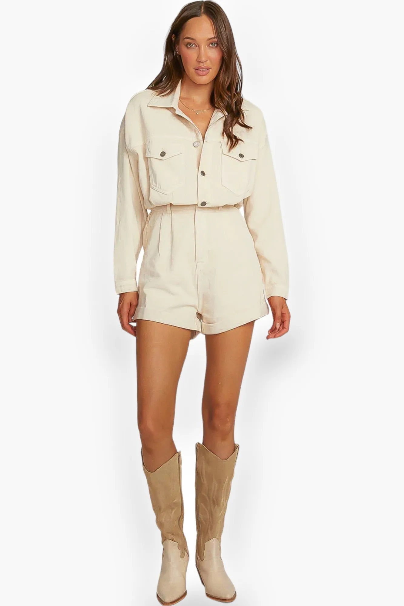 Jayde Salt Long Sleeve Denim Romper