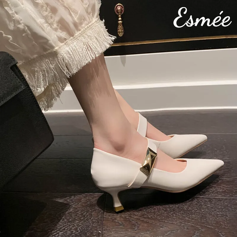 Leather High Heels Mary Janes with Metal Buckle Design