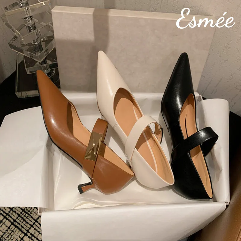 Leather High Heels Mary Janes with Metal Buckle Design