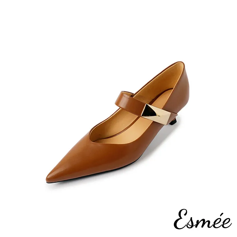 Leather High Heels Mary Janes with Metal Buckle Design