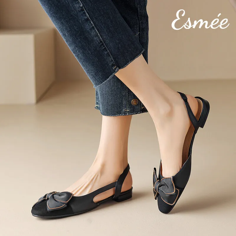 Leather Slingback with Bow Knot and Black Toe Cap