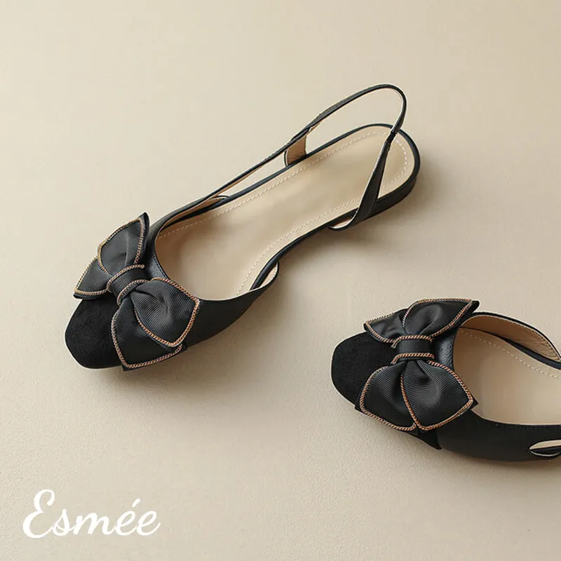 Leather Slingback with Bow Knot and Black Toe Cap