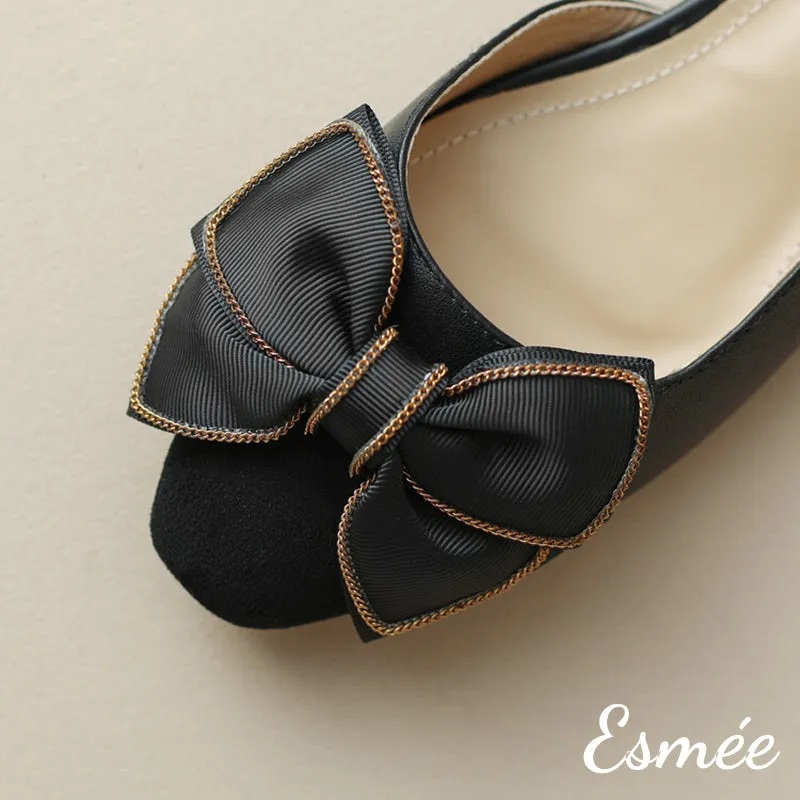 Leather Slingback with Bow Knot and Black Toe Cap