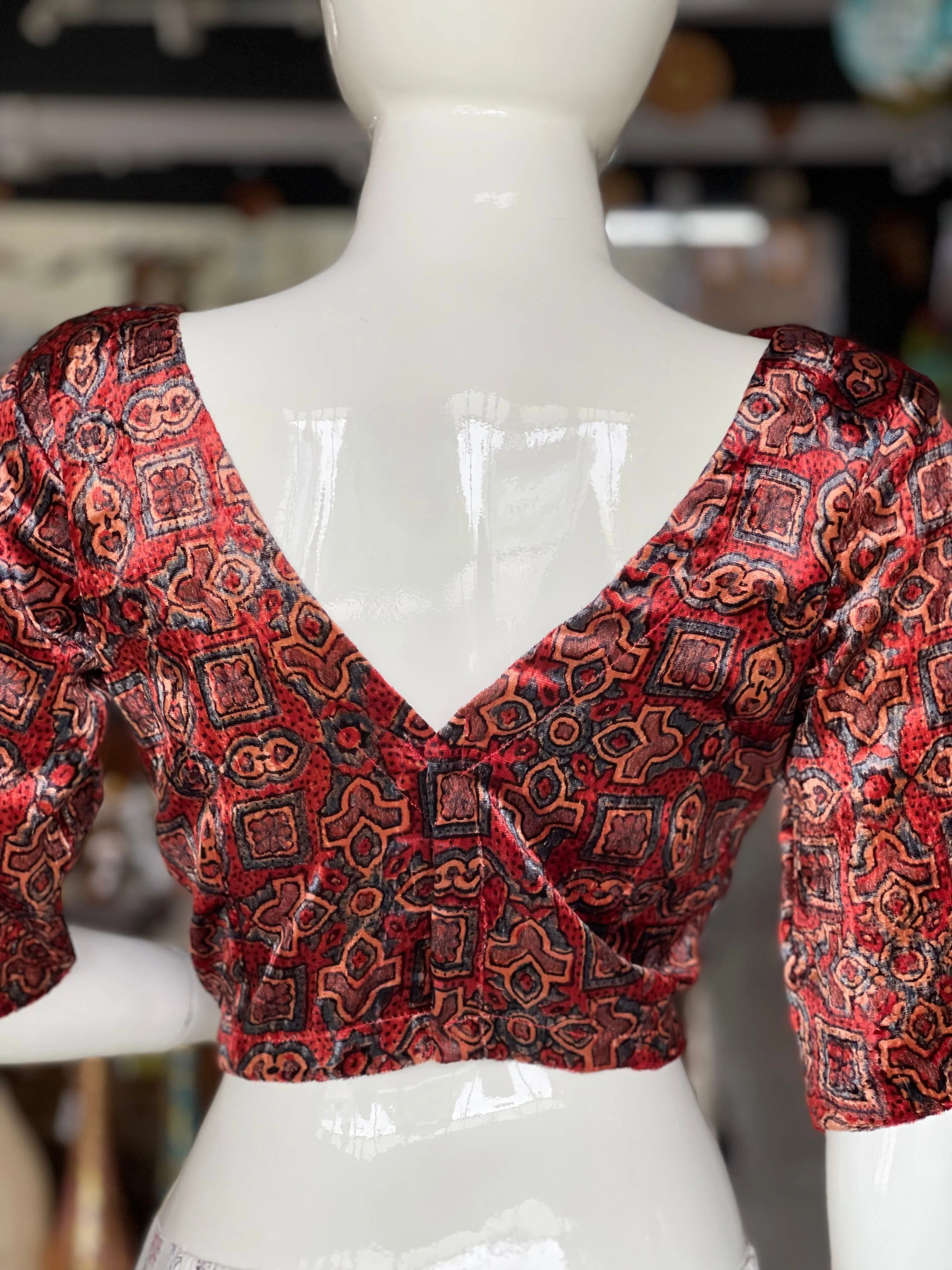 Maroon luxurious velvet blouse with hand block printed ajrakh -  V neck blouse, with elbow sleeves, back open, without pads, with liningl