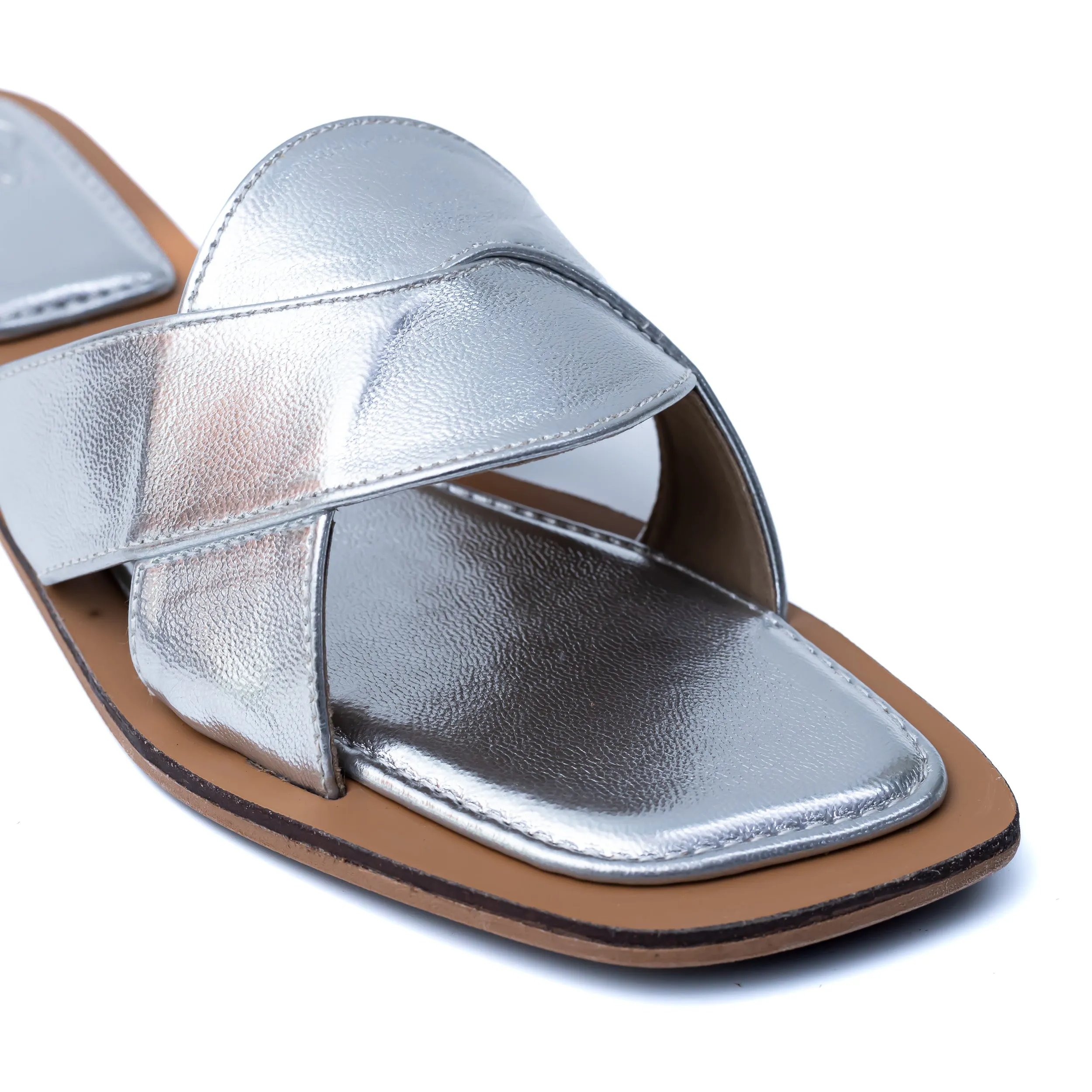 Metallic Criss Cross Strap Flats - Silver