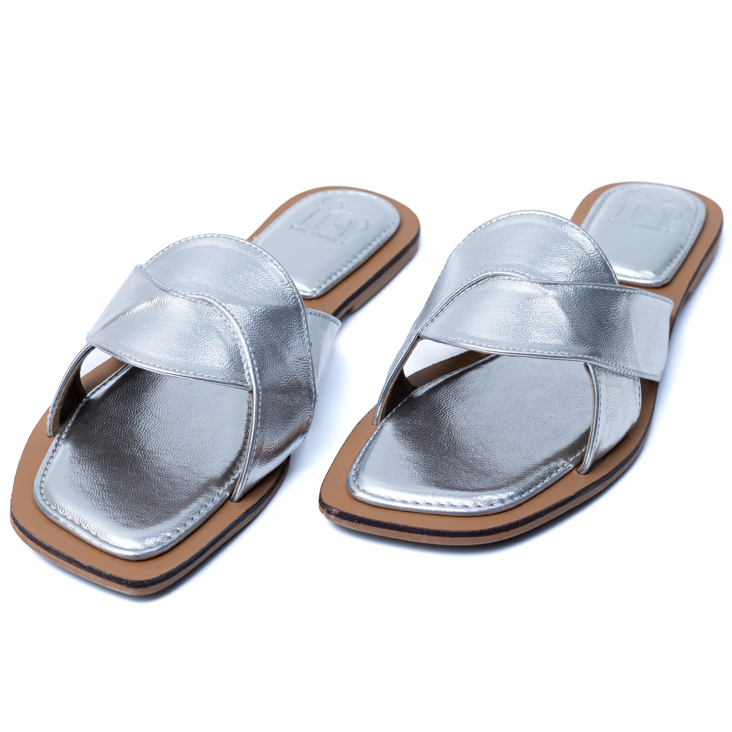 Metallic Criss Cross Strap Flats - Silver