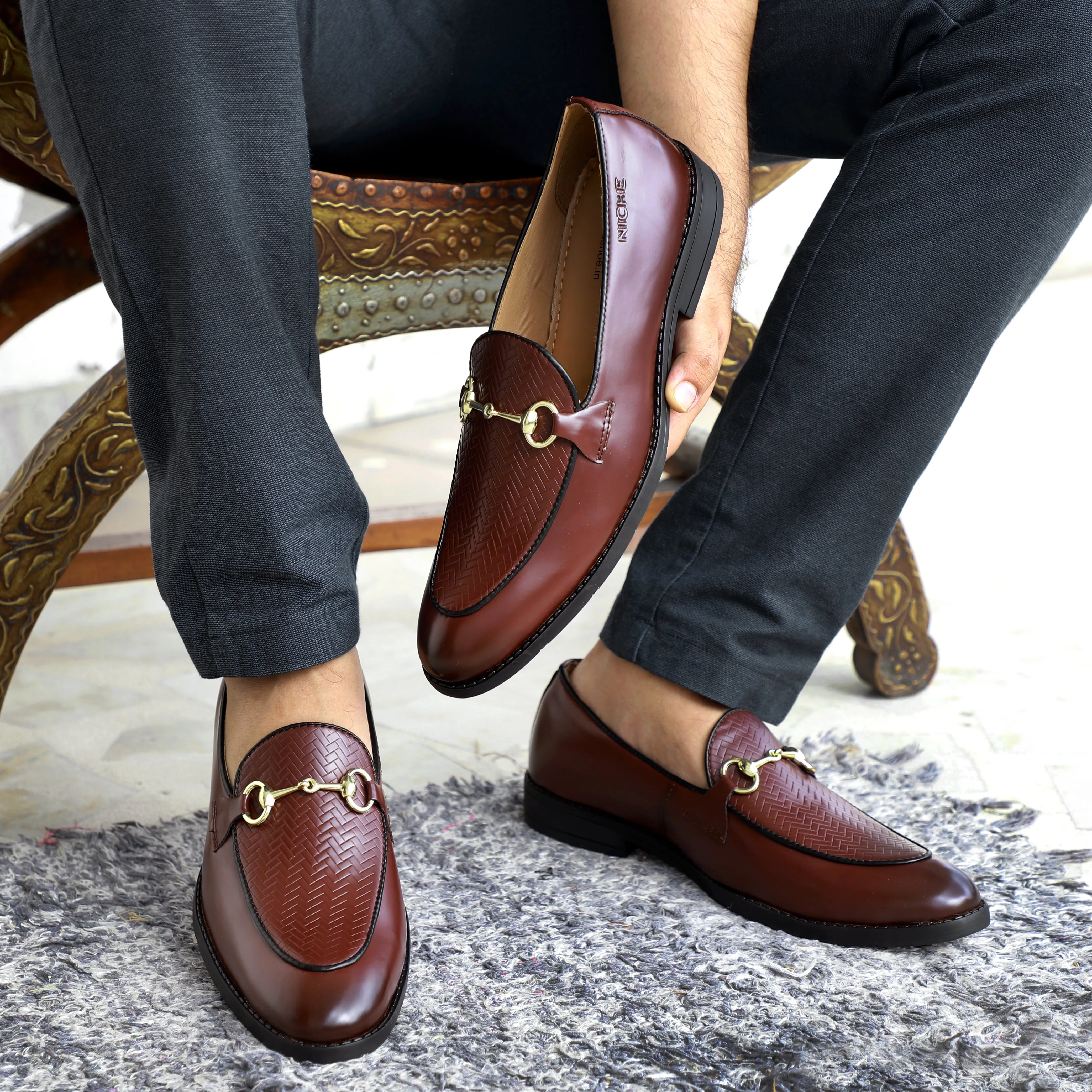 NICHE Cherry Brown Designer Horsebit Loafers