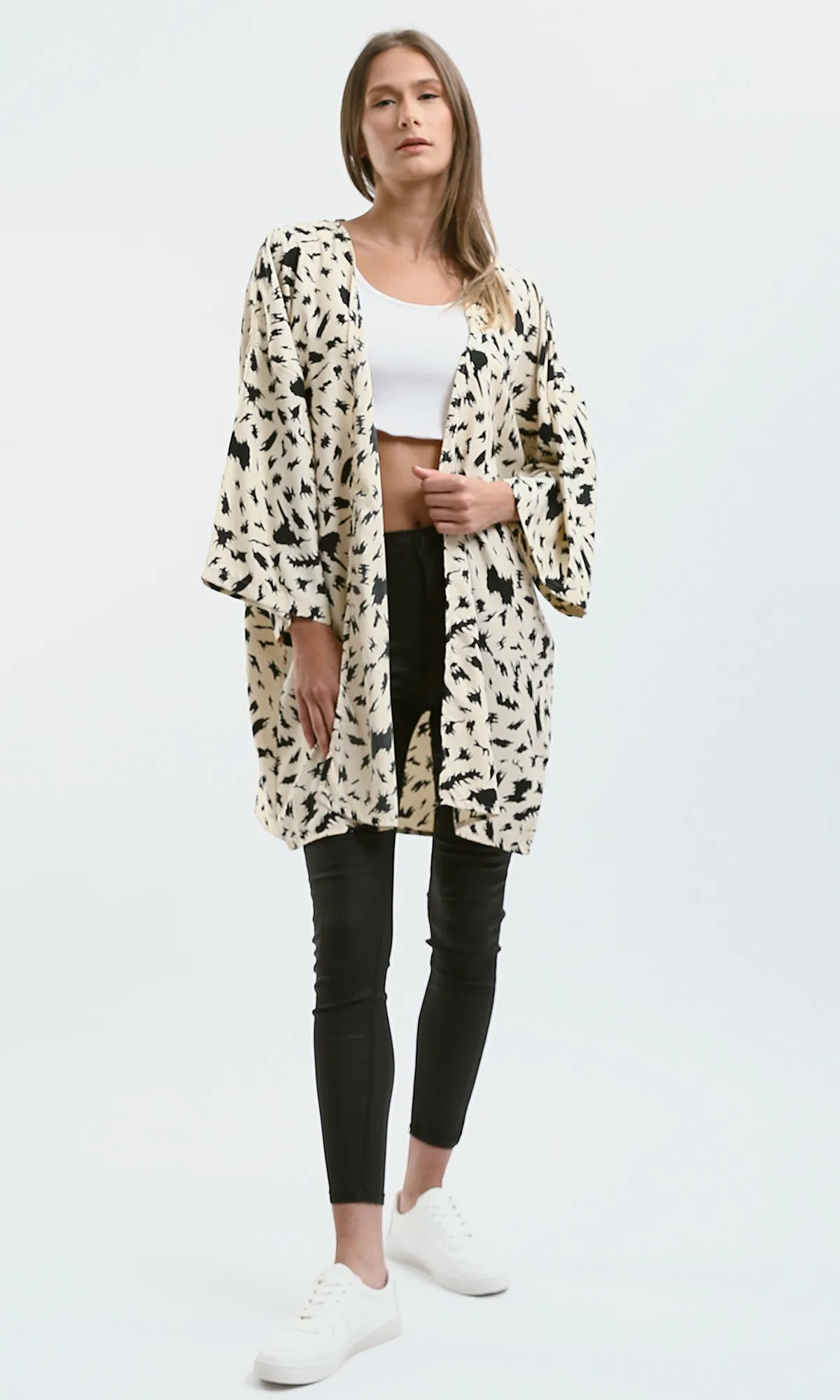 O190123 Beige & Black Patterned Slip On Summer Kimono