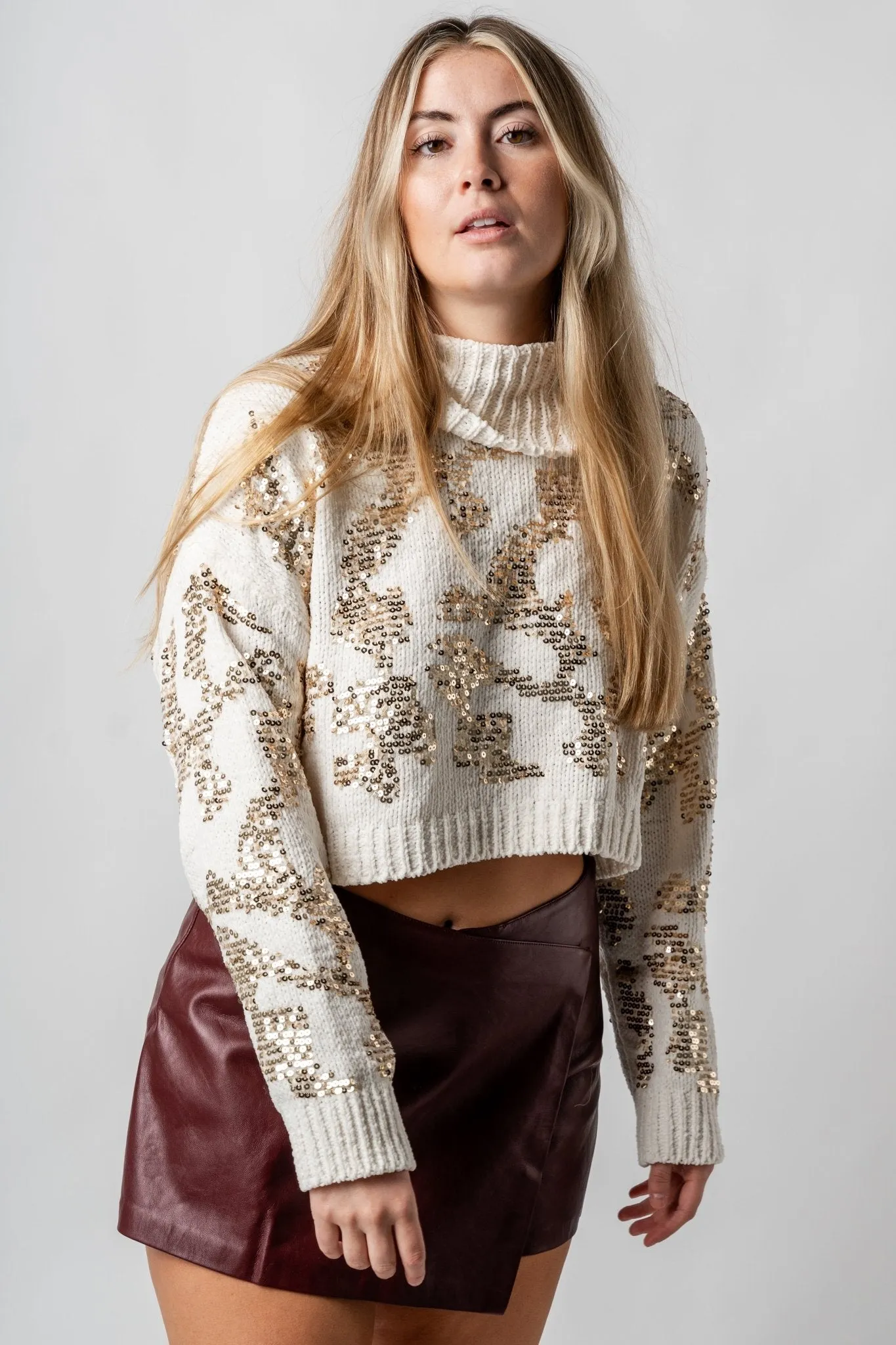 Sequin turtleneck crop sweater cream/gold