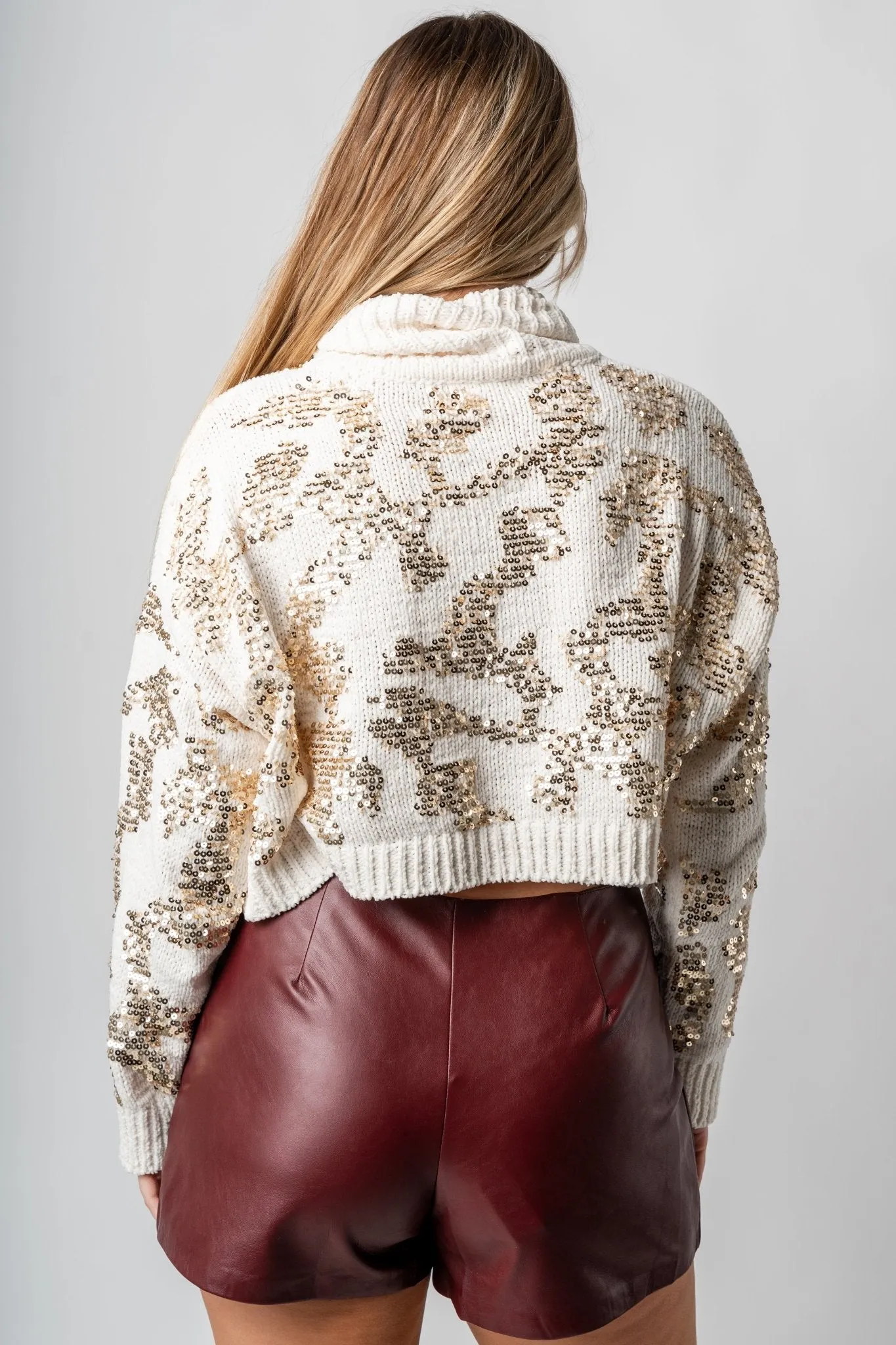 Sequin turtleneck crop sweater cream/gold
