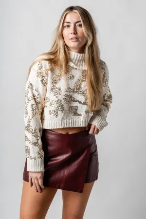 Sequin turtleneck crop sweater cream/gold