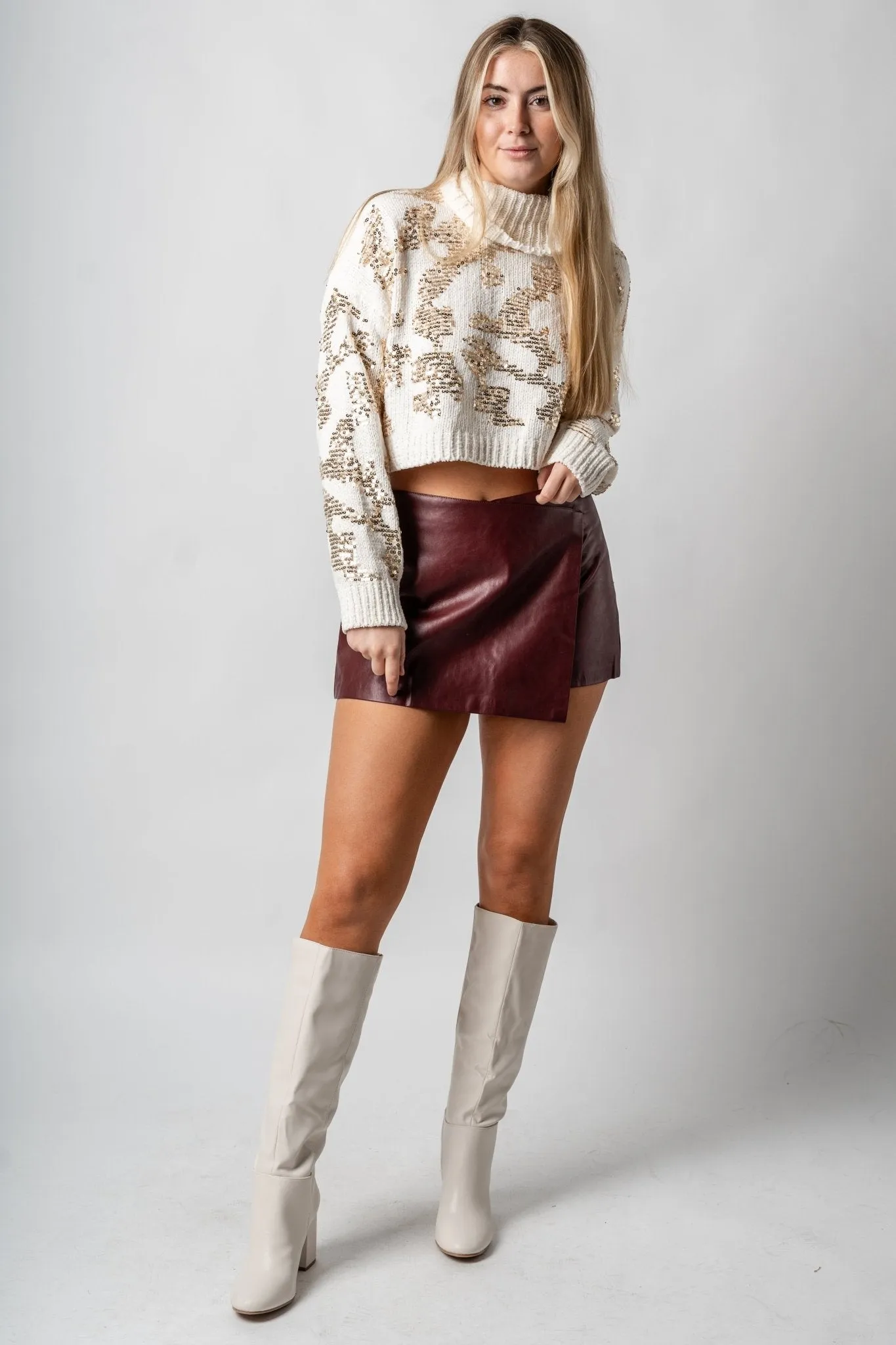 Sequin turtleneck crop sweater cream/gold