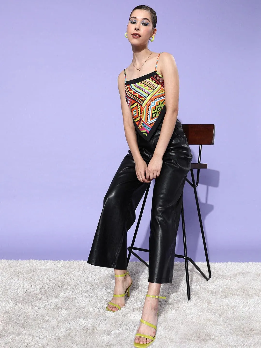 Style Quotient Yellow  Green Geometric Print Crepe Scarf Crop Top