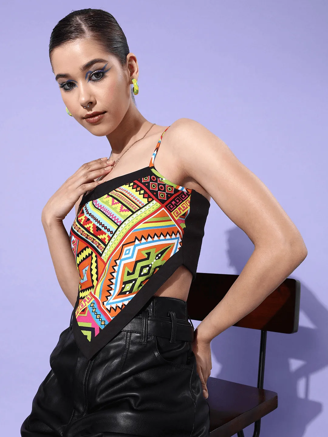 Style Quotient Yellow  Green Geometric Print Crepe Scarf Crop Top