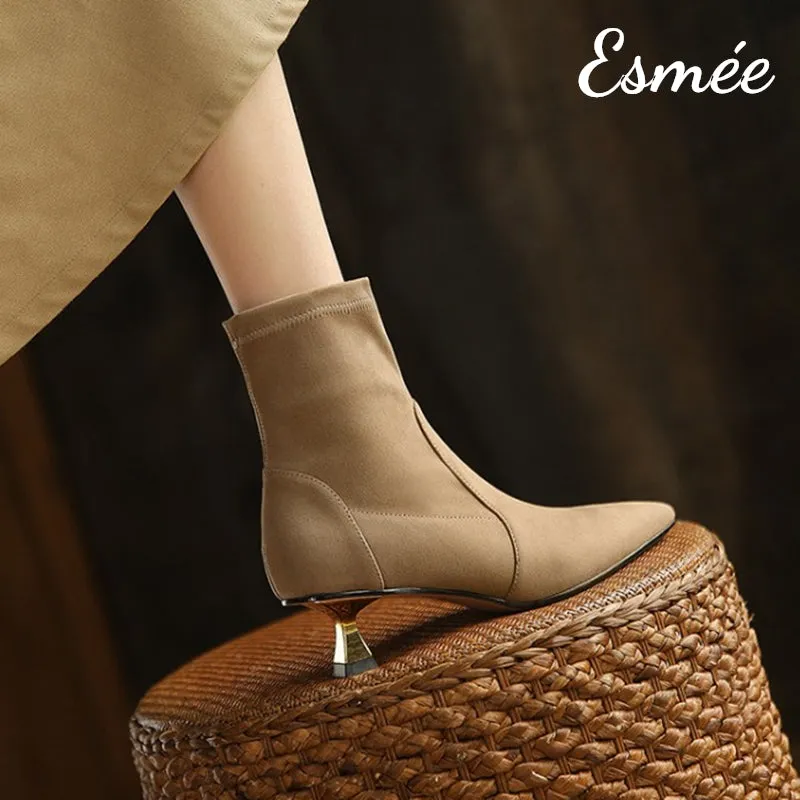 Suede Pointed Toe Ankle Boots with Golden Kitten Heels