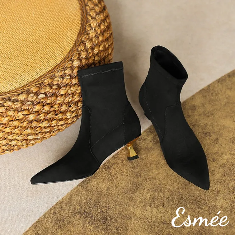 Suede Pointed Toe Ankle Boots with Golden Kitten Heels