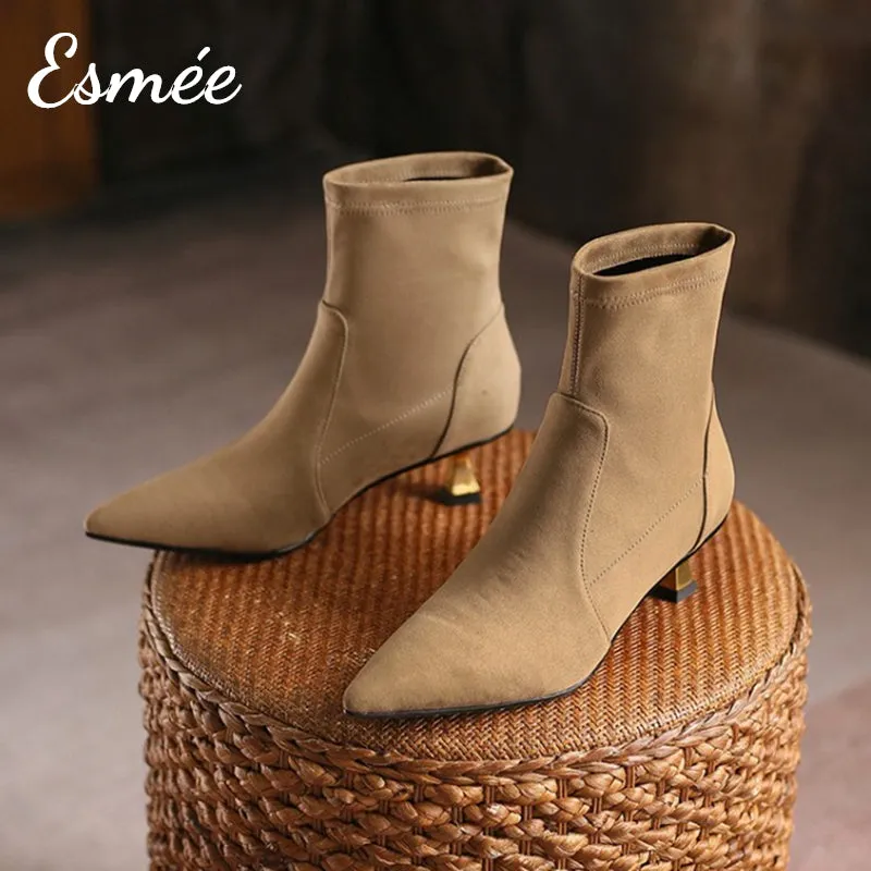 Suede Pointed Toe Ankle Boots with Golden Kitten Heels