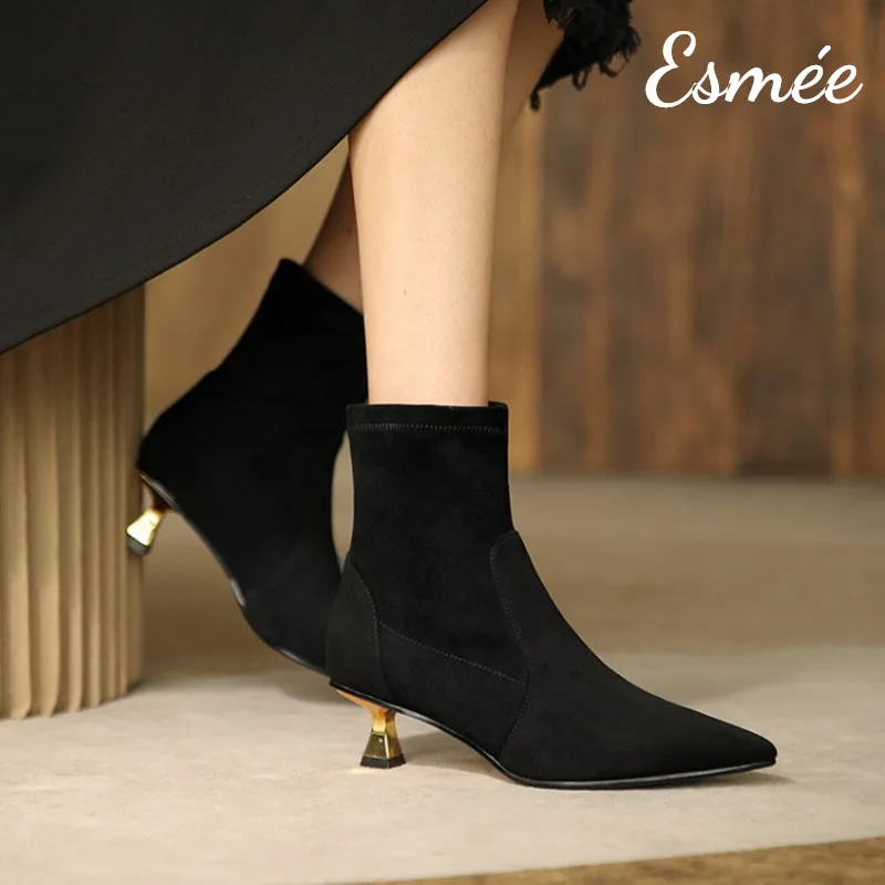 Suede Pointed Toe Ankle Boots with Golden Kitten Heels