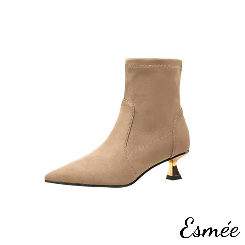 Suede Pointed Toe Ankle Boots with Golden Kitten Heels