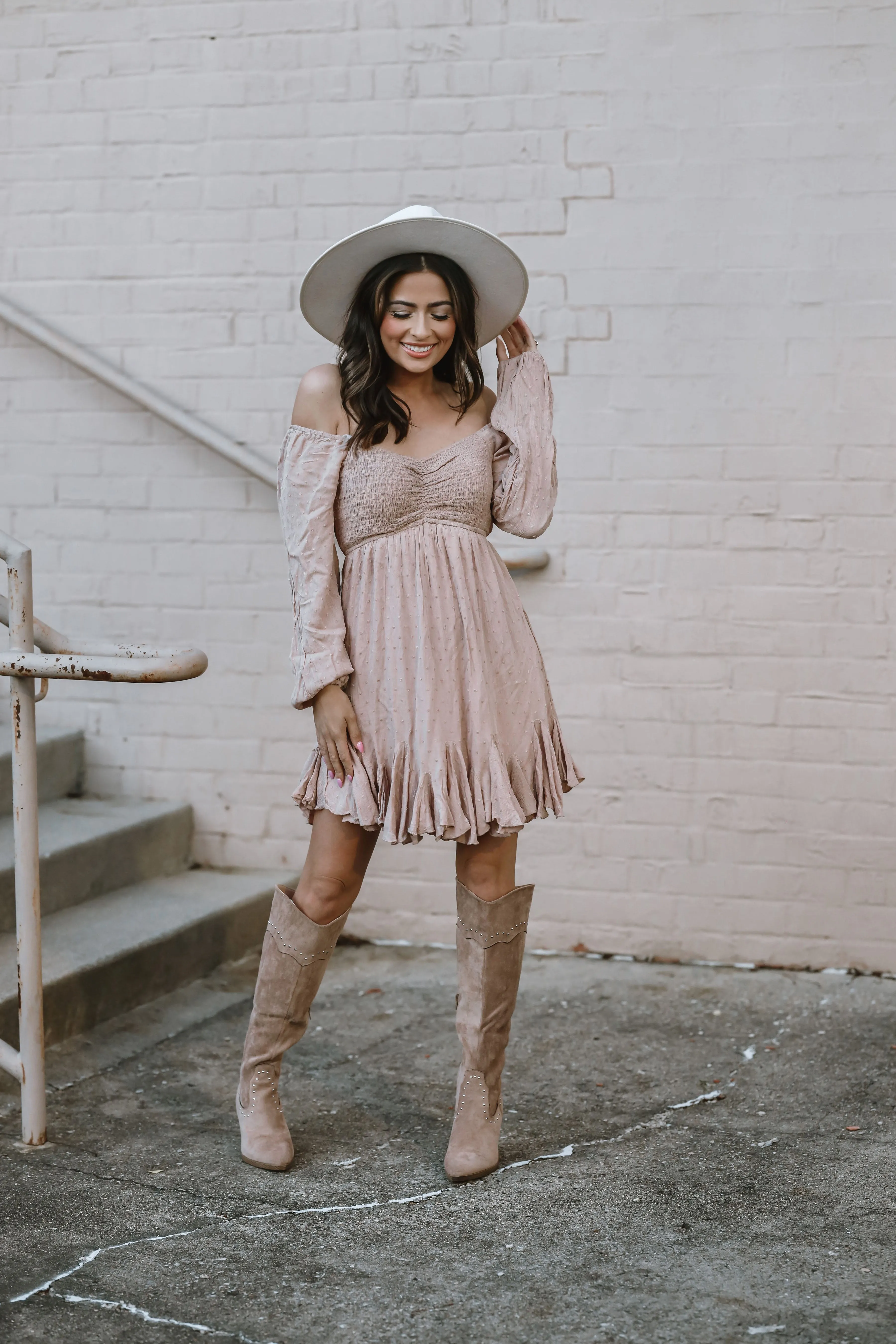 Sweet Caroline Smocked Ruffled Detail Boho Chic Dress -Taupe
