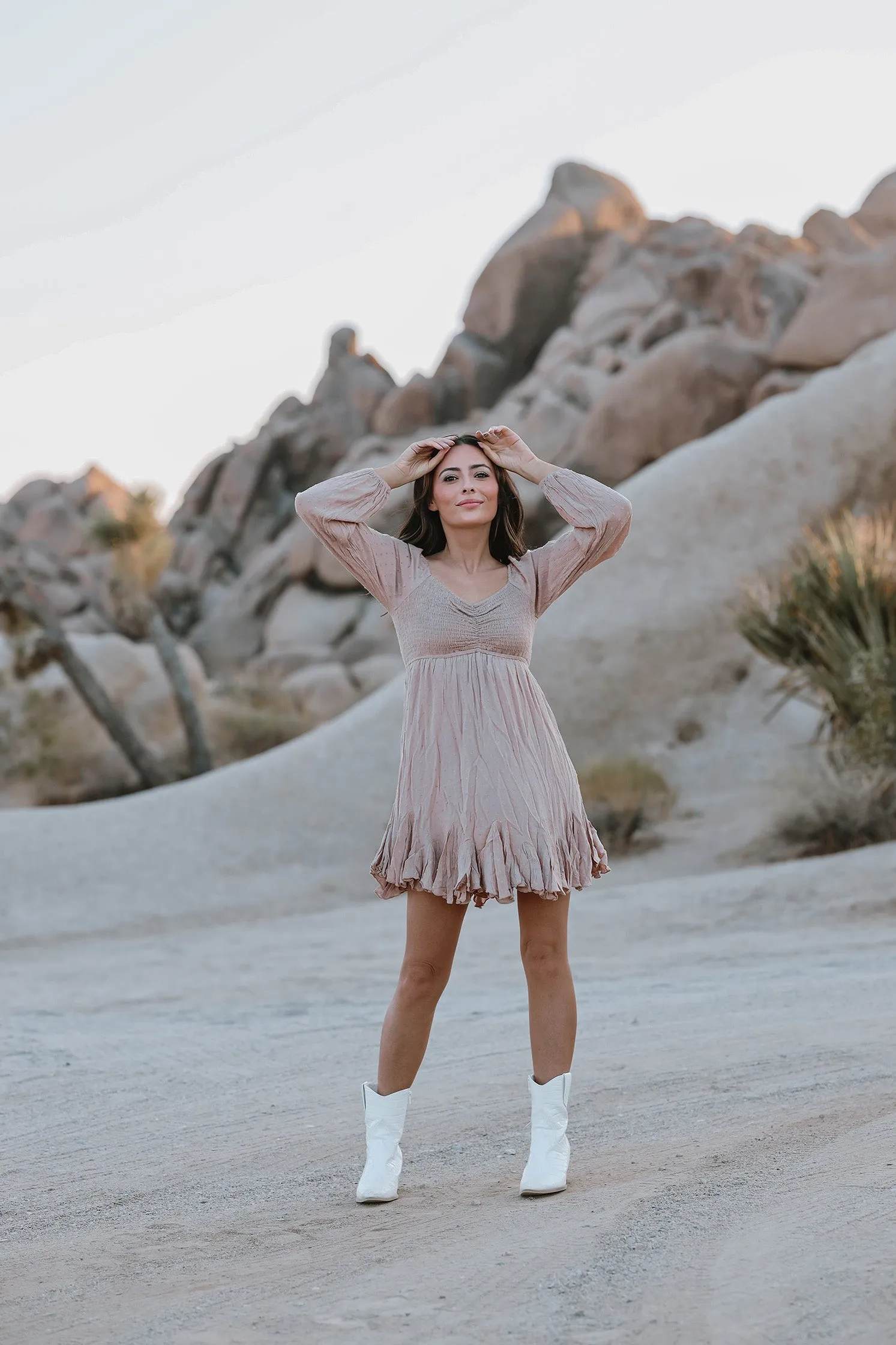 Sweet Caroline Smocked Ruffled Detail Boho Chic Dress -Taupe