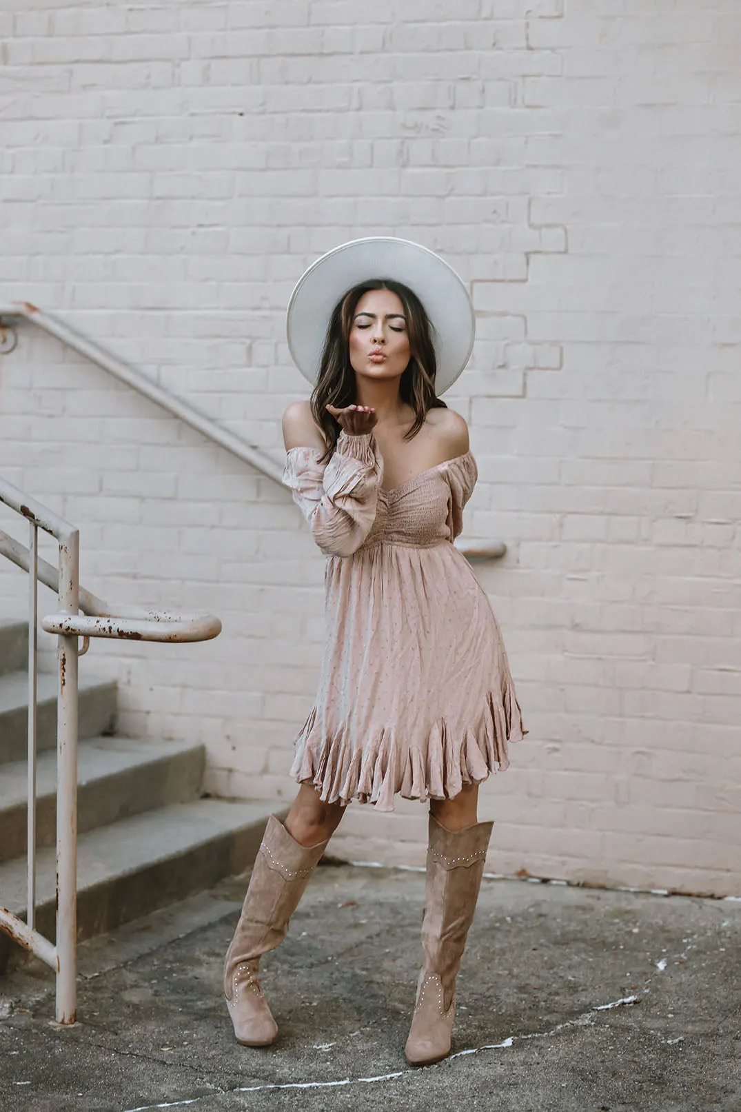 Sweet Caroline Smocked Ruffled Detail Boho Chic Dress -Taupe