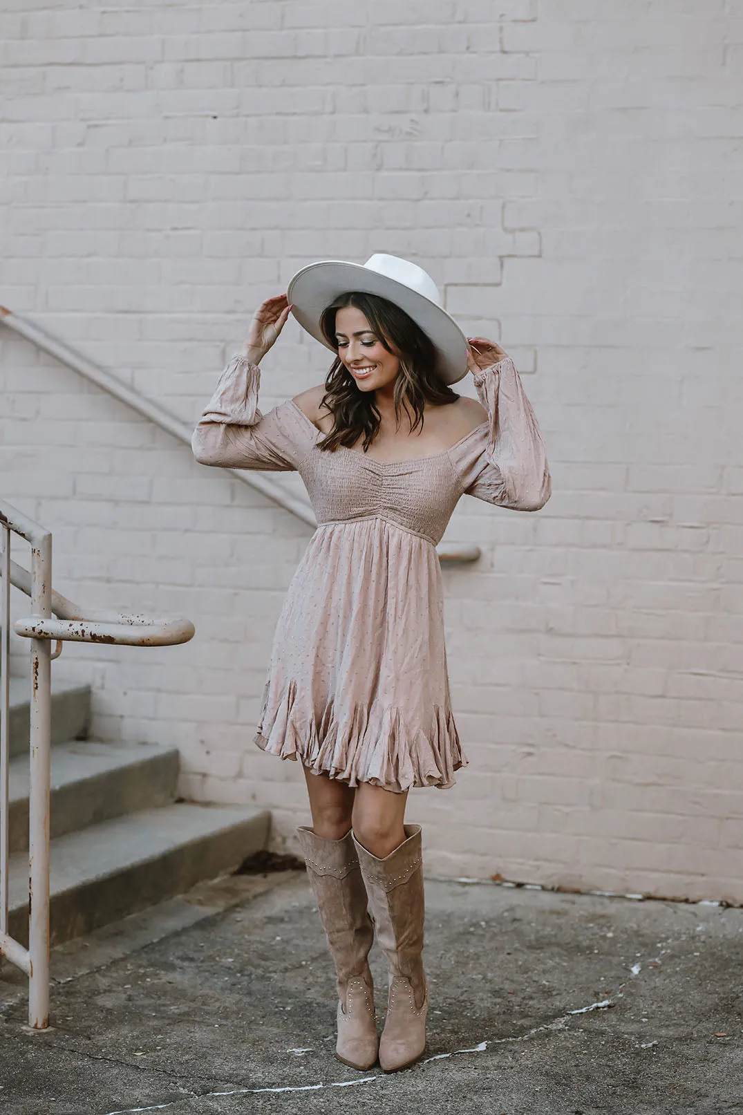 Sweet Caroline Smocked Ruffled Detail Boho Chic Dress -Taupe