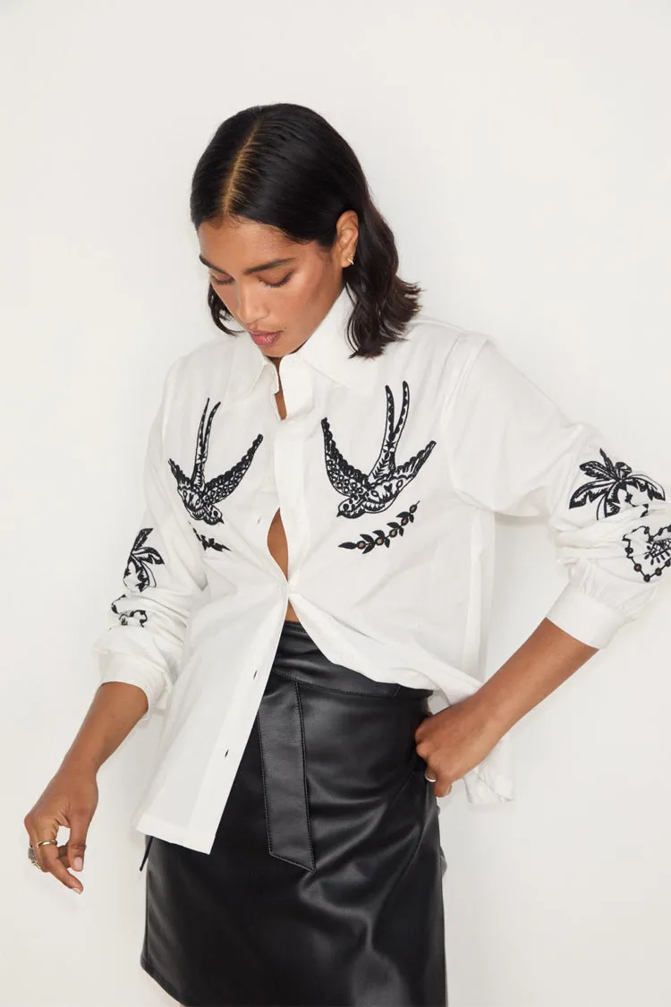 White Embroidered Swallow Shirt