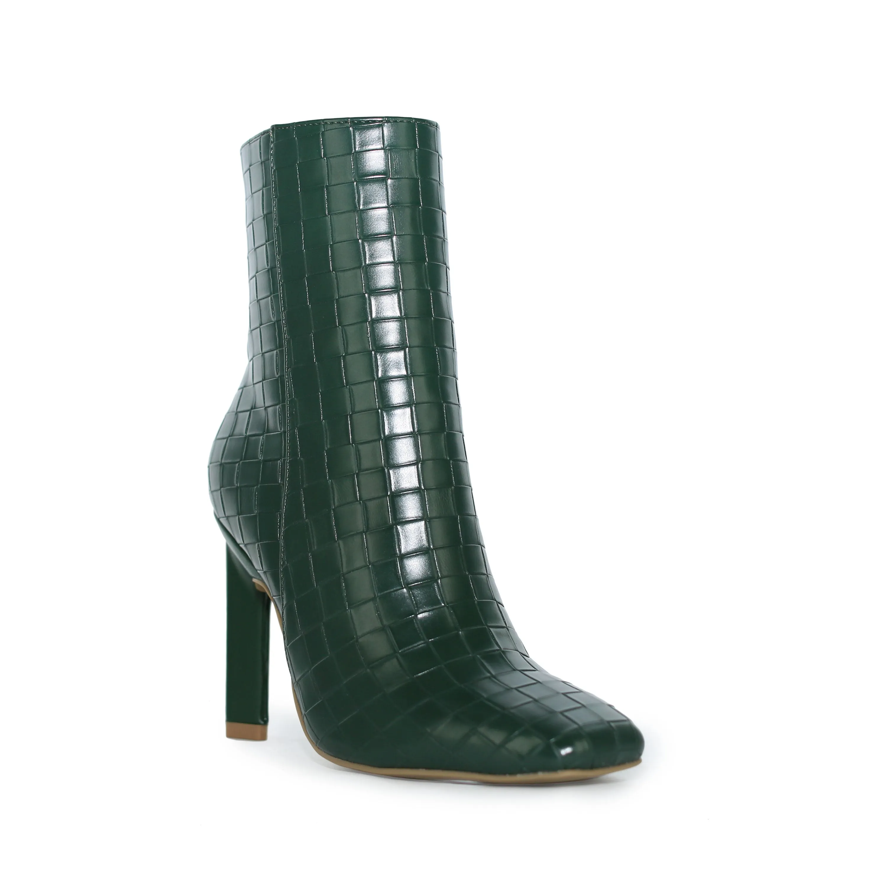 Wild Diva Faux Leather Woven Square Toe High Ankle Booties