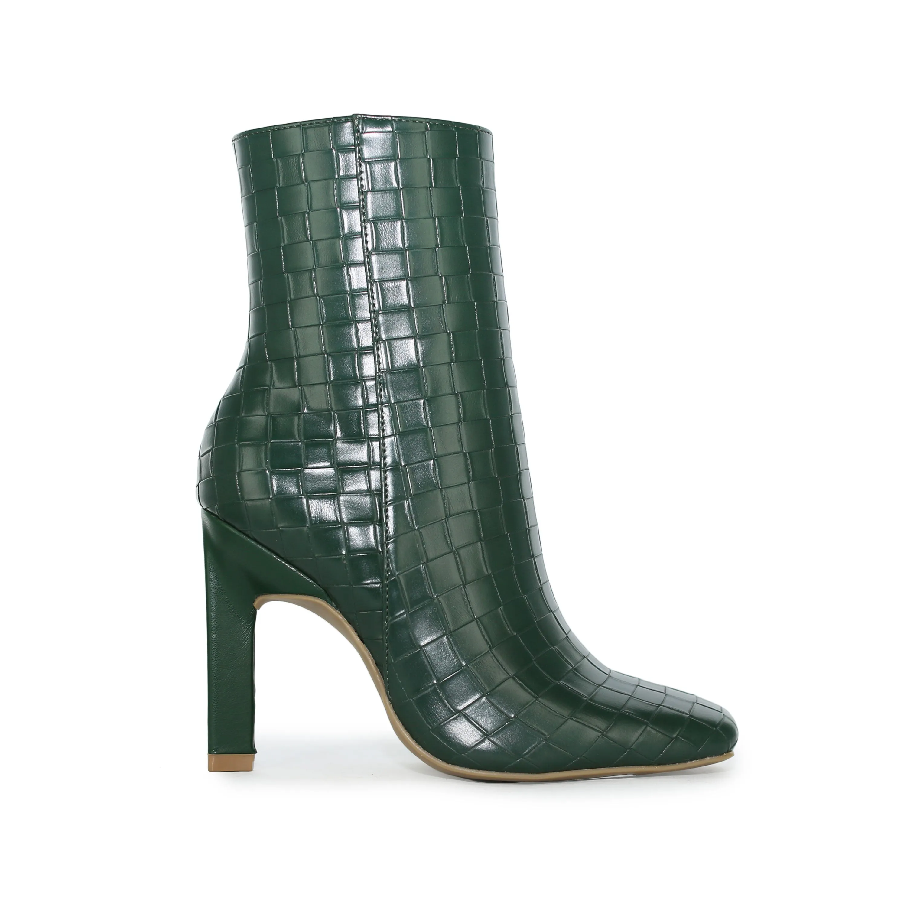 Wild Diva Faux Leather Woven Square Toe High Ankle Booties