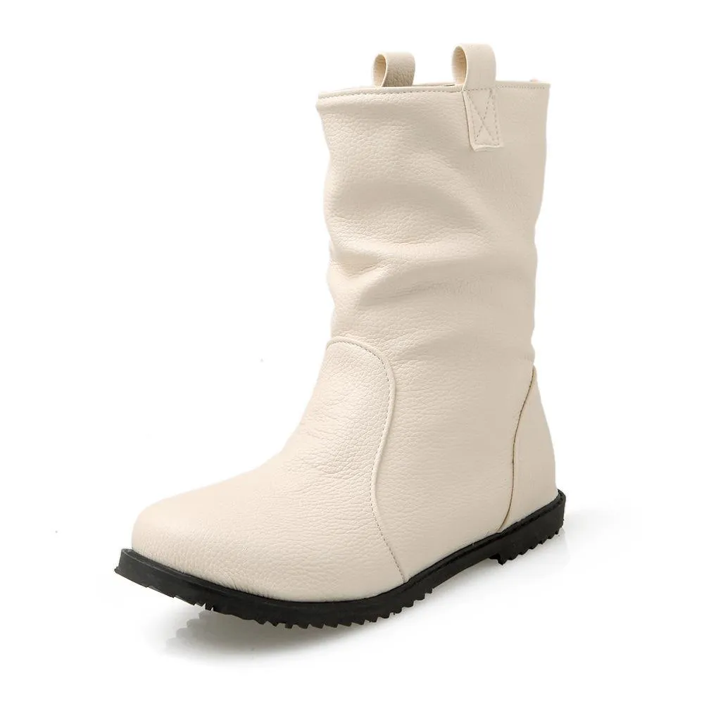 Women soft slip on PU leather slouch mid calf boots