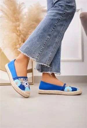 WOMEN'S EMBROIDED ESPADRILLE CLOSED TOE DESIGNER MULES IN BLUE